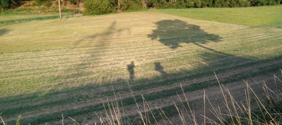 Wanderer der franziskanischen Wanderung des Franziskuskreises 2018 nach Hofheim. Schatten mit Baum und Masten auf Feld